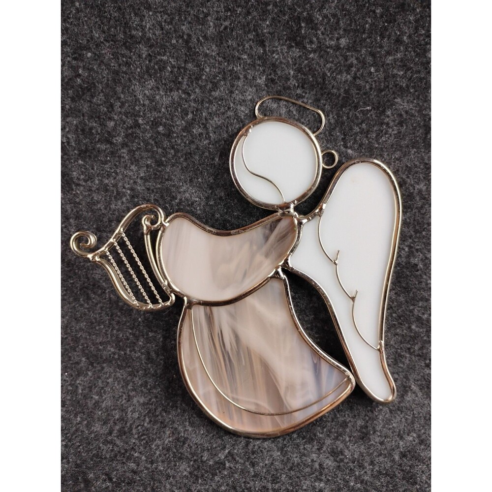 Vintage Stained Glass Angel w Harp Suncatcher Window Ornament Pink